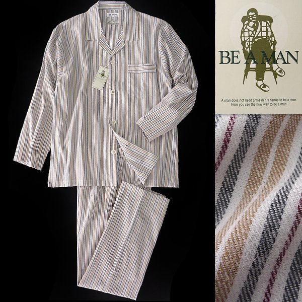 新品 BE A MAN ビエラ ストライプ セットアップ パジャマ L 白 薄茶 紺 赤 【J58324】 メンズ 秋冬 オープンカラーシャツ パンツ