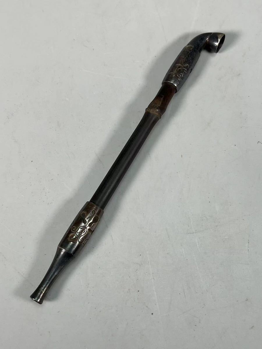 A0405A2 時代喫煙具 竹杆銅煙嘴 花蝶文 皮製煙草入 莨