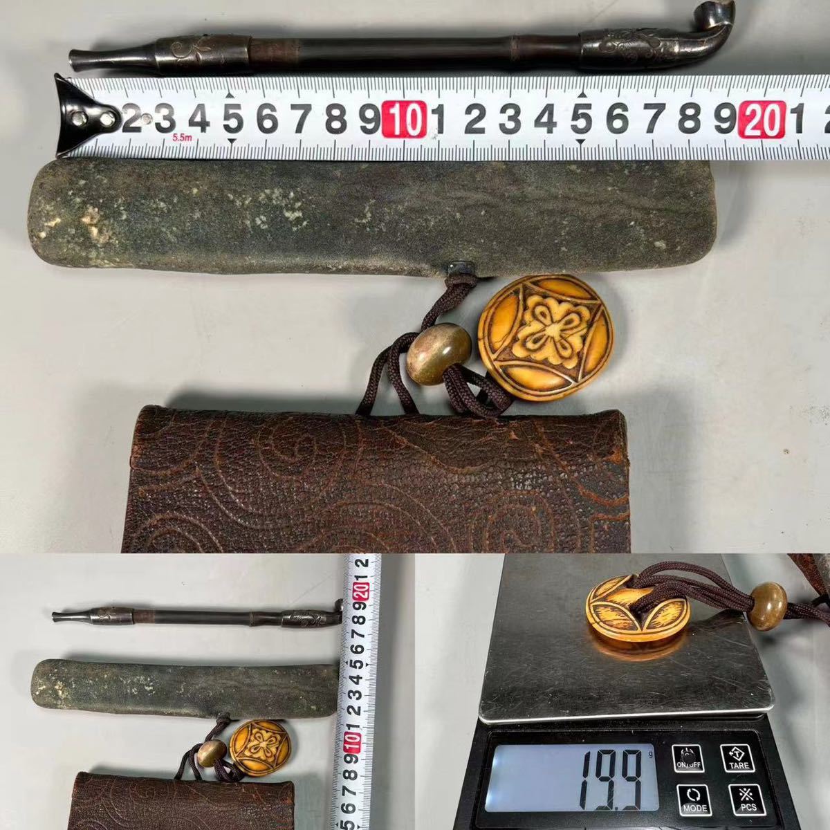 A0405A2 時代喫煙具 竹杆銅煙嘴 花蝶文 皮製煙草入 莨