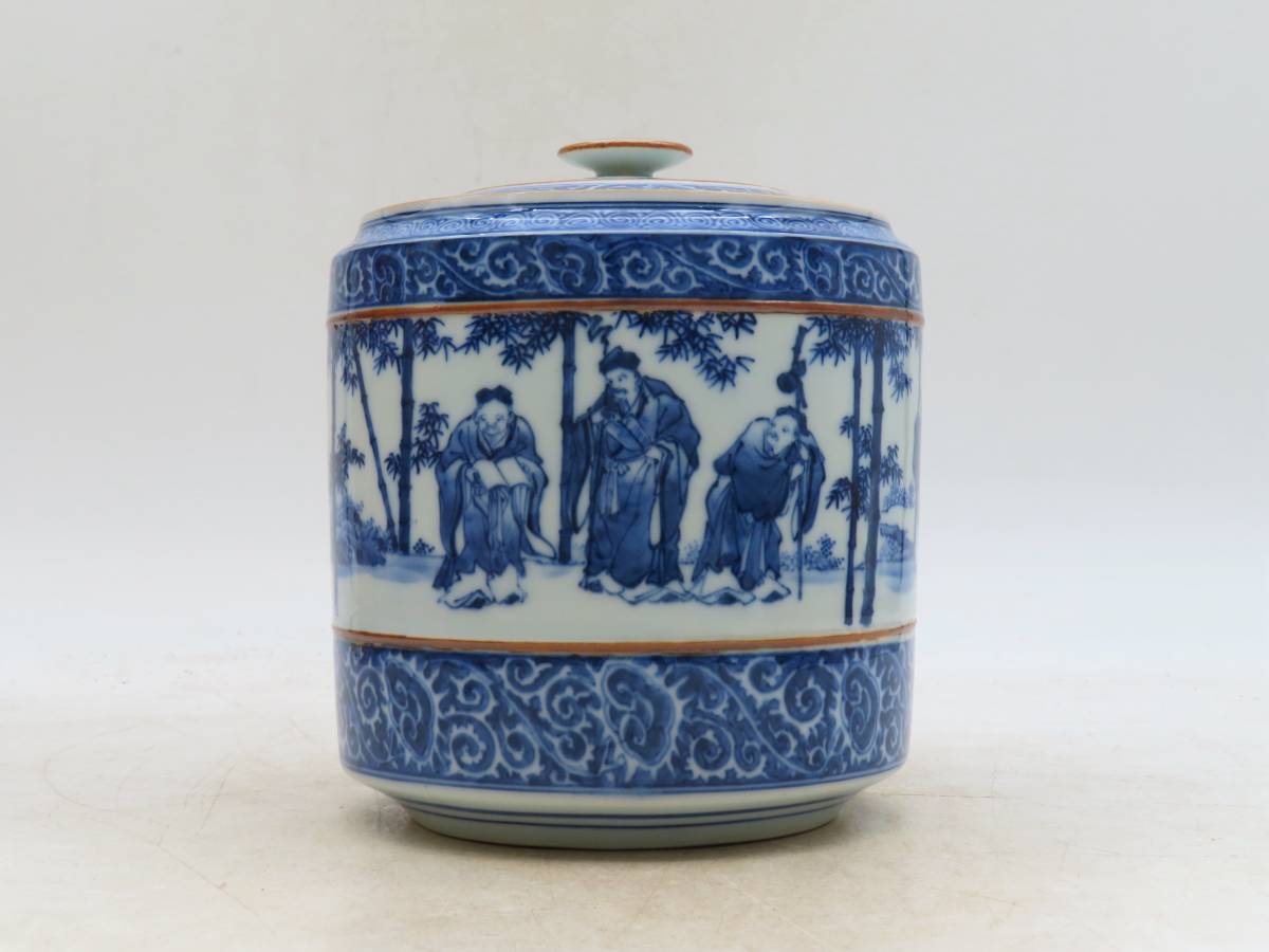 K4798 平安春峰 造 七賢人図 水指 染付 青華 木製塗