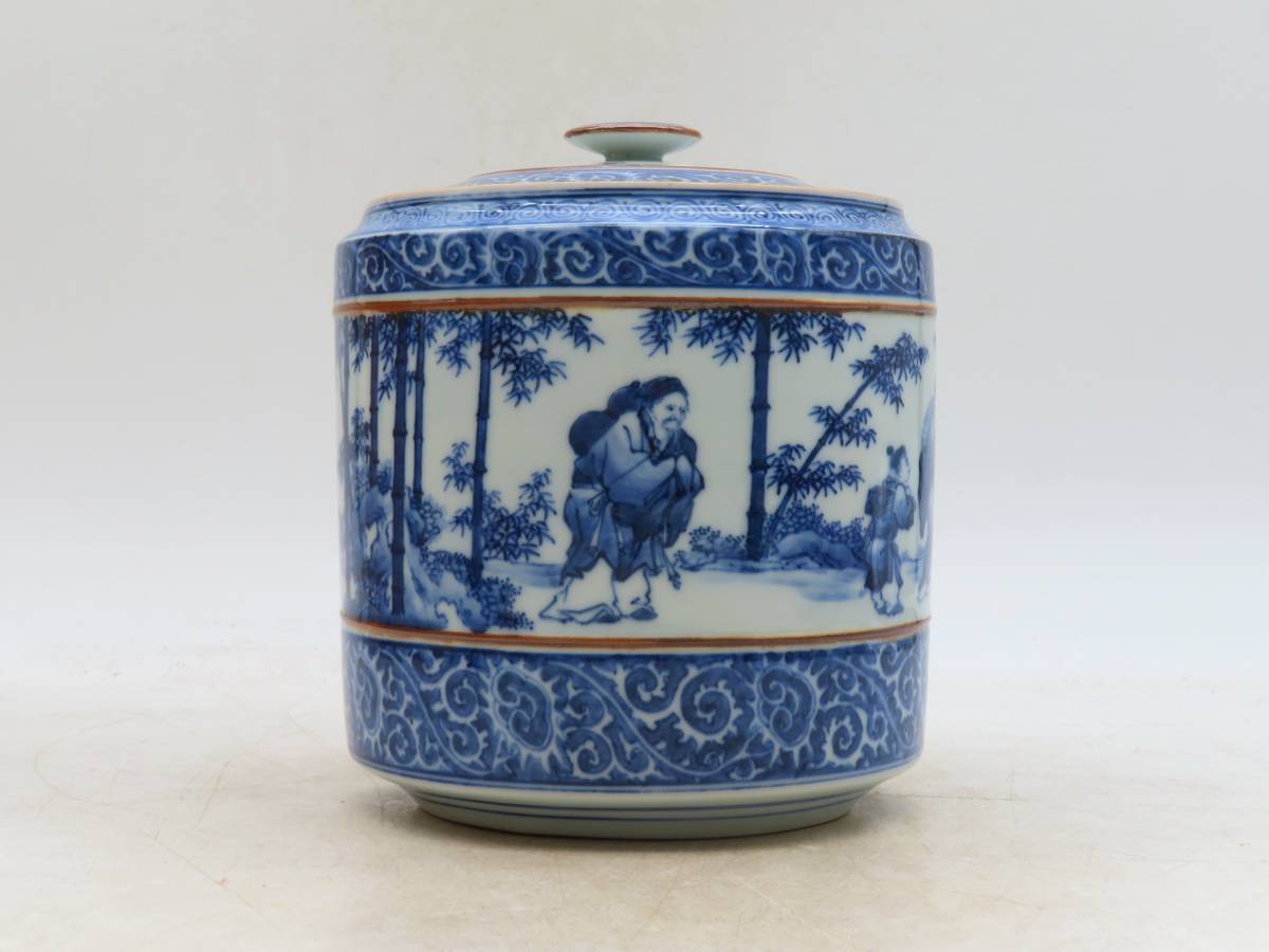 K4798 平安春峰 造 七賢人図 水指 染付 青華 木製塗