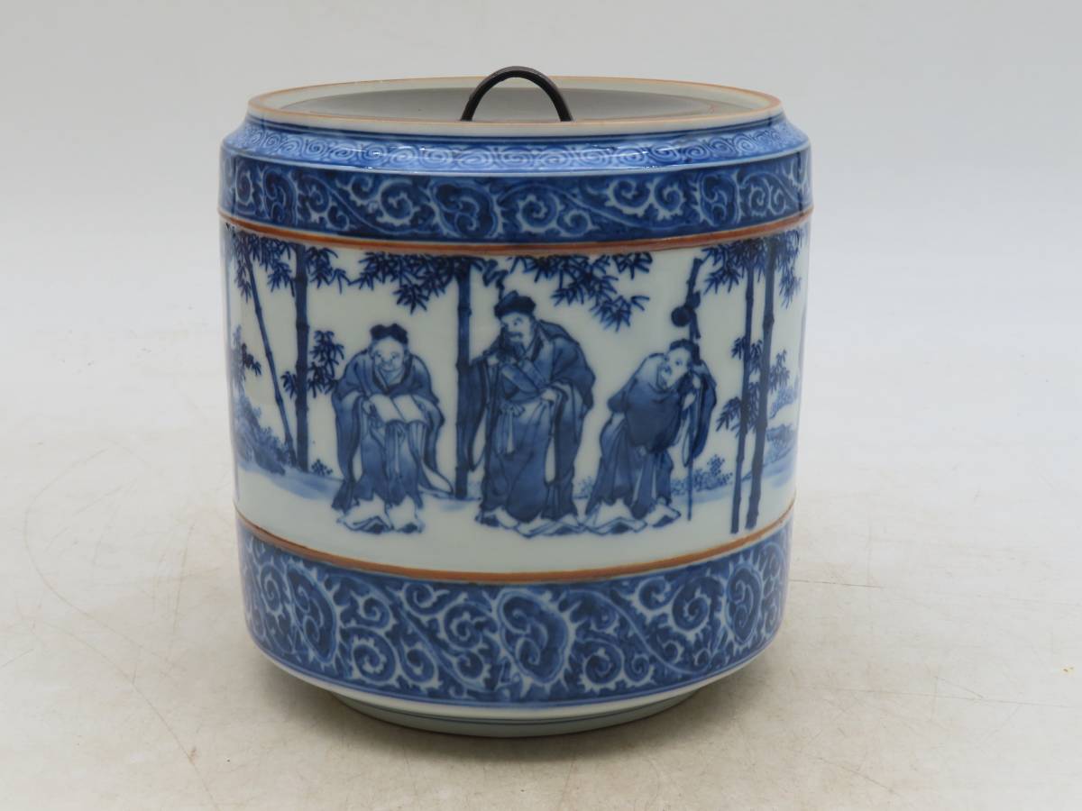 K4798 平安春峰 造 七賢人図 水指 染付 青華 木製塗