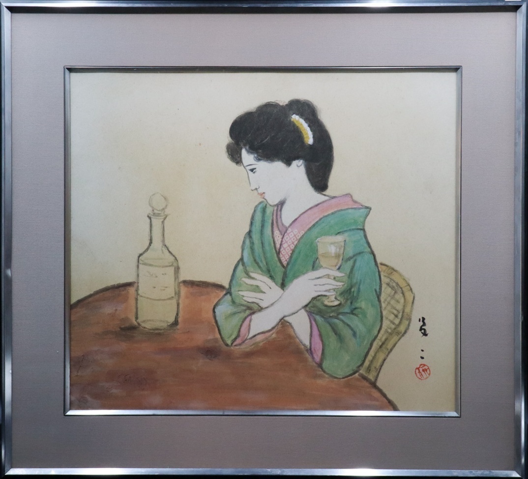 宙】模写 竹久夢二「婦人図」日本画 額装 落款有 大正ロマン 美人画