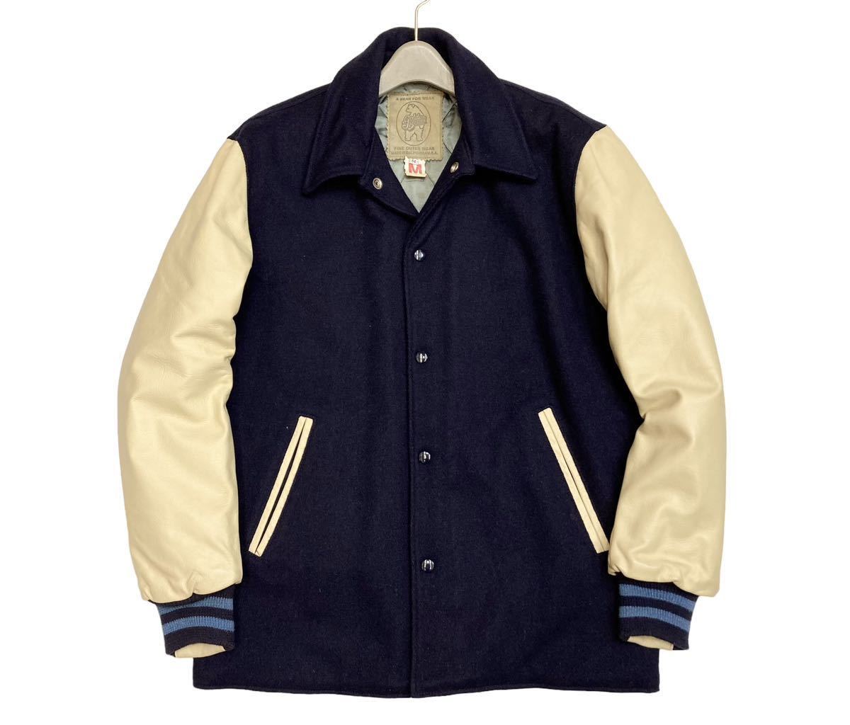 希少！デッドストック 当時物 アメリカ製 GOLDEN BEAR ゴールデンベア メルトン 袖革スタジャン サーコート ファラオジャケット 紺/M