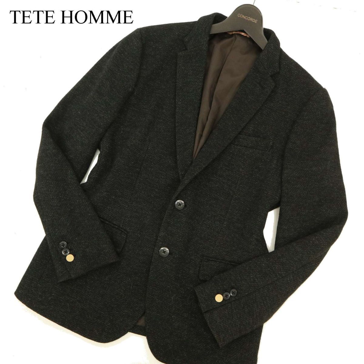TETE HOMME テットオム 秋冬 金ボタン ウール★ ツイード アンコン テーラード ジャケット ブレザー Sz.6　メンズ グレー　C3T09767_A#N