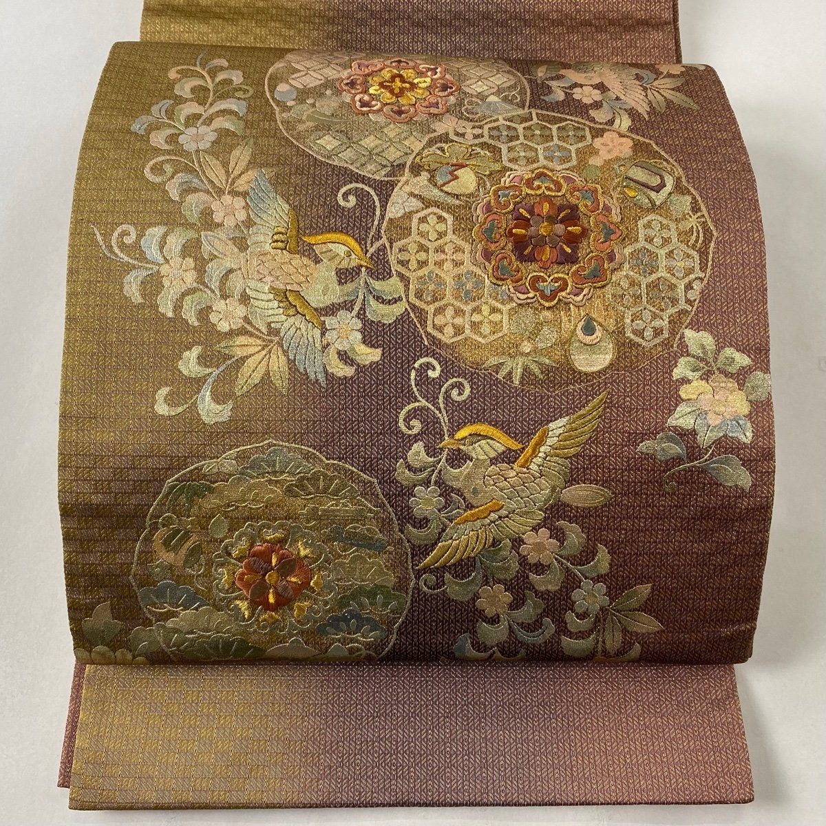 袋帯 美品 秀品 花食い鳥 華文 金糸 金彩 茶色 お太鼓柄 正絹 中古