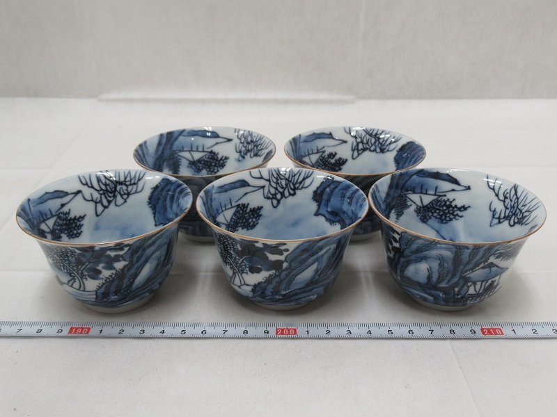 P6835 博峰造 染付 山水文 煎茶碗 5客 煎茶器 日本の陶磁 陶磁一般