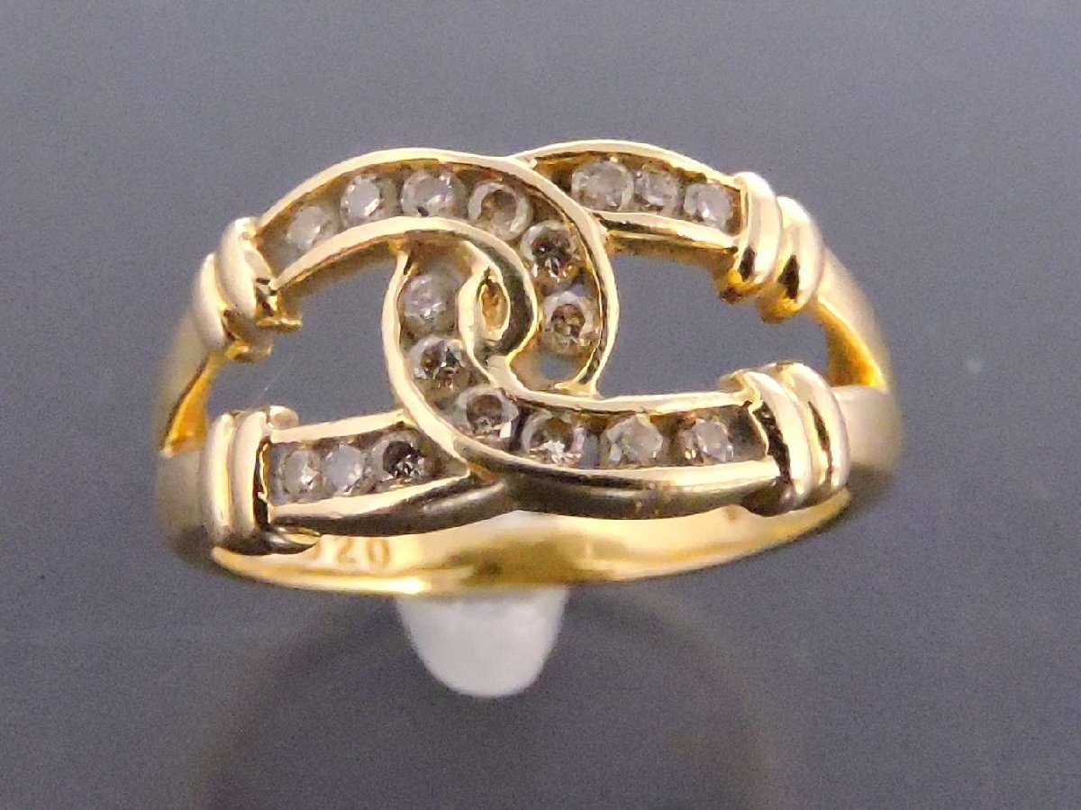 ダイヤモンド 0.20ct K18イエローゴールド 馬蹄 ホースシュー クロスデザイン 指輪 リング 9号