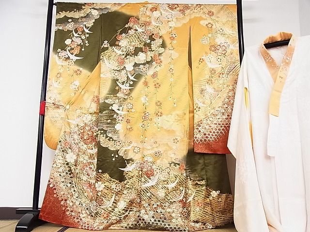 平和屋-こころ店□豪華振袖 長襦袢(袷)セット 駒刺繍 飛鶴吉祥花