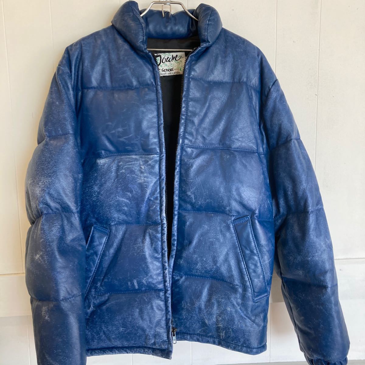 Schott ショット ダウンジャケット サイズ34 ブルー 90s/USA製 本革 レザー メンズ冬物