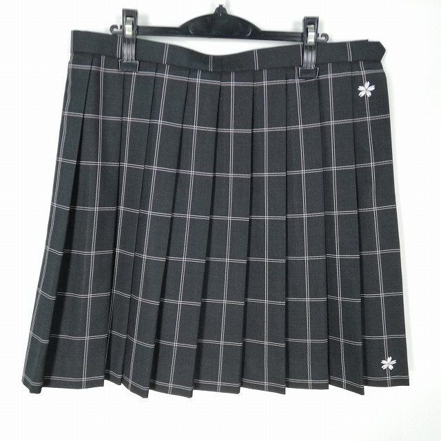 1円 スクールスカート 大きいサイズ 冬物 w85-丈53 チェック 中学 高校 プリーツ 学生服 制服 女子 中古 HK4685
