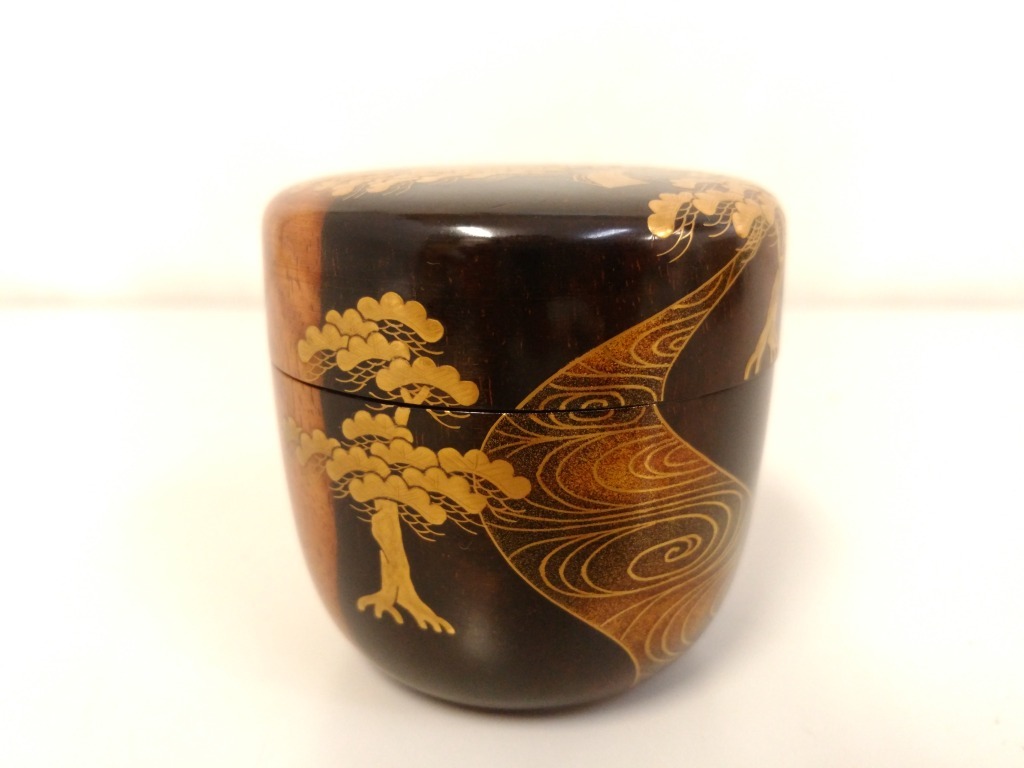 初だし】北浜宗貴 造 黒柿住吉蒔絵 中棗/共箱付き/高さ約6cm/直径約6.5