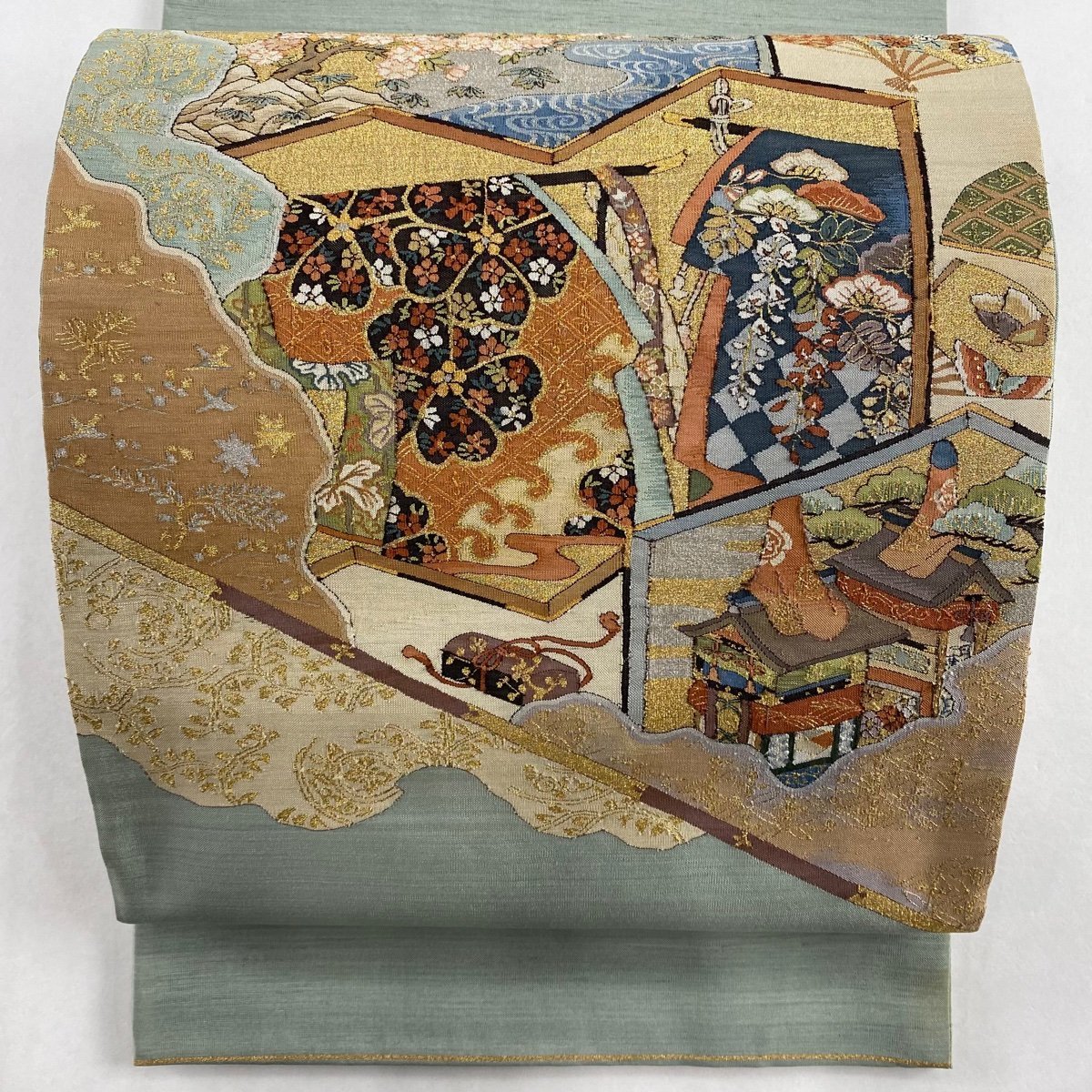 袋帯 名品 屏風 山鉾 金糸 灰緑 お太鼓柄 正絹 【中古】 お太鼓柄 袋帯