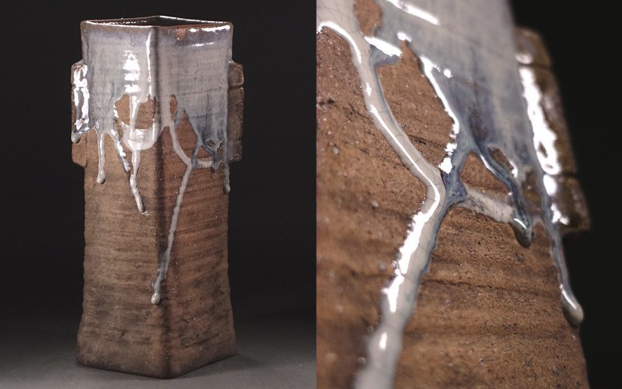 ∇花∇“数寄者の茶陶コレクション” 江戸後期の京焼名工【青木木米】作 信楽灰釉流双耳菱形花瓶 下駄底 木米小判印