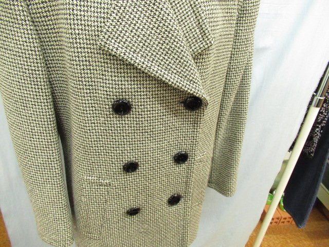 イブサンローラン 美品 レディース フランス製生地 ウール100 ニット ロング丈 ダブル ジャケット M 9A3 黒×白★宅配便S★N421