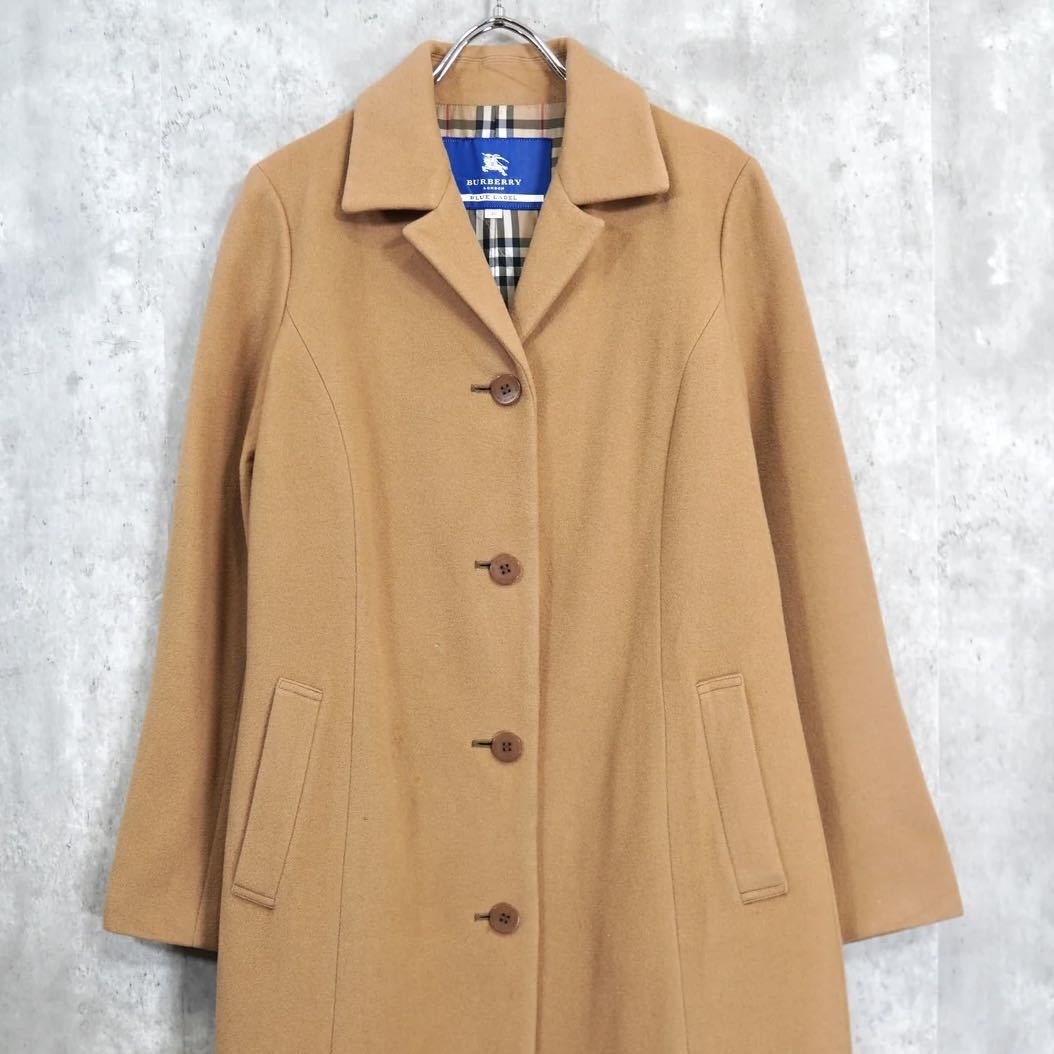 【カシミヤ】BURBERRY BLUE LABEL バーバリーブルーレーベル ウール チェスターコート ノバチェック裏地 ロングコート サイズ38 キャメル