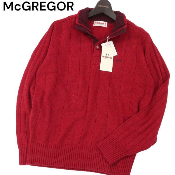 【新品 未使用】 McGREGOR マクレガー 秋冬 ロゴ刺繍★ ハーフ釦 ハイネック ウール ニット セーター Sz.L　メンズ 赤　I3T02280_B#K