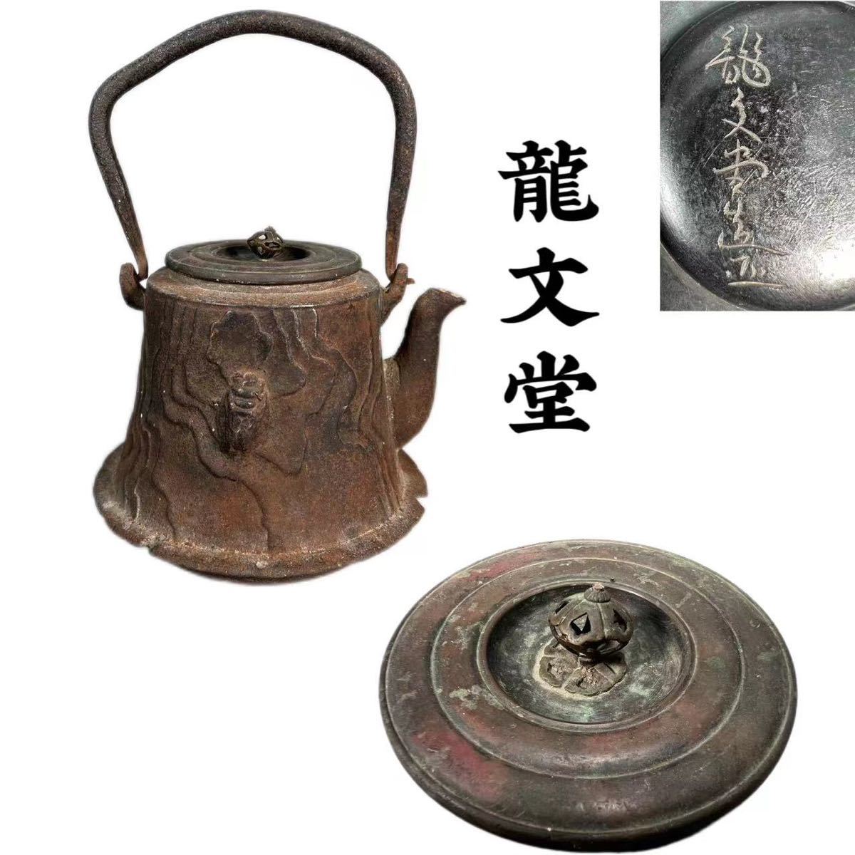C0198D9 龍文堂造 富士形鉄瓶 知了紋 透彫花形銅摘蓋 茶道具 煎茶道具