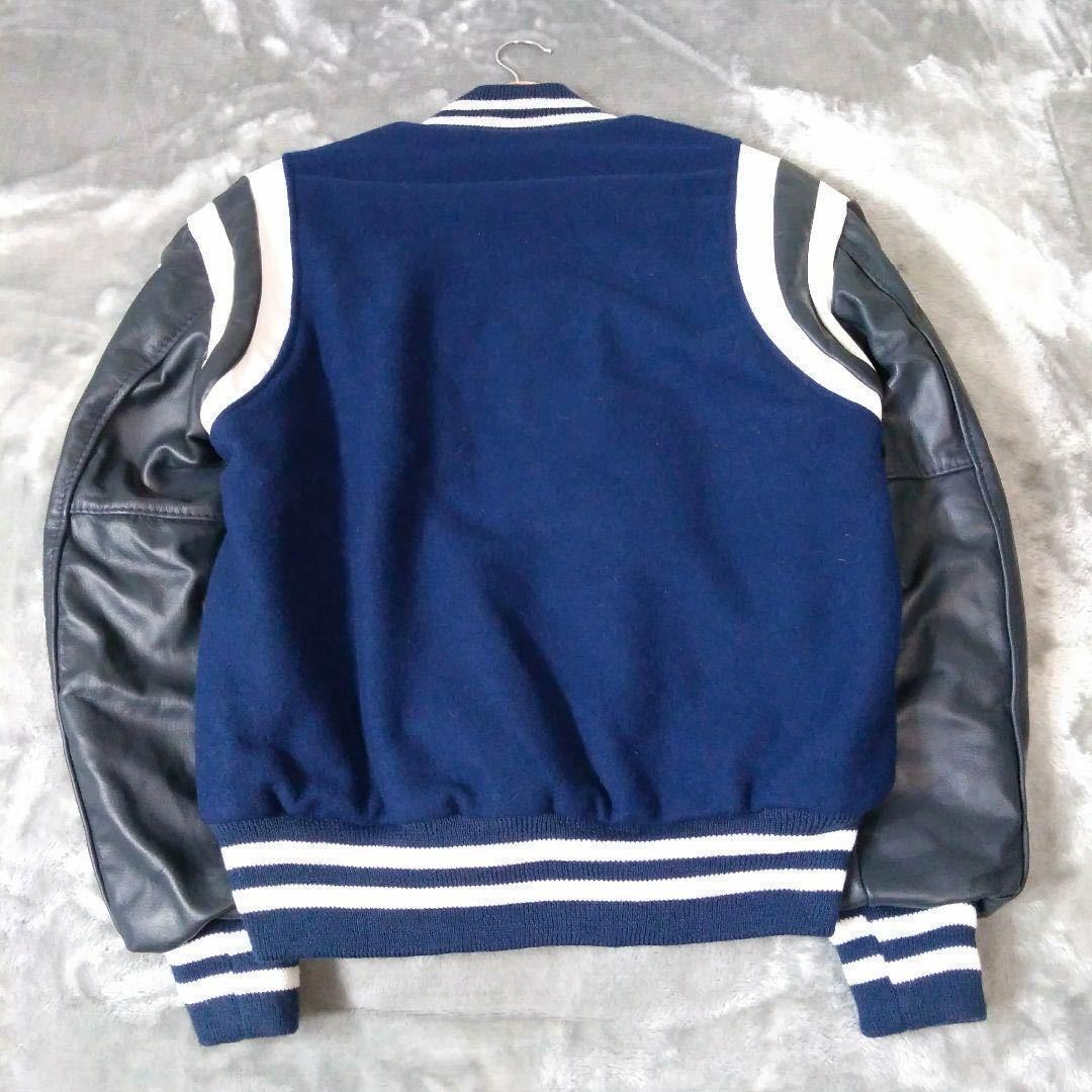 【USA製 90s〜00s 人気 スタジャン ワッペン 袖レザー ネイビー 紺ネイビー S 希少 アメカジ スタジアムジャケット】※送料無料※