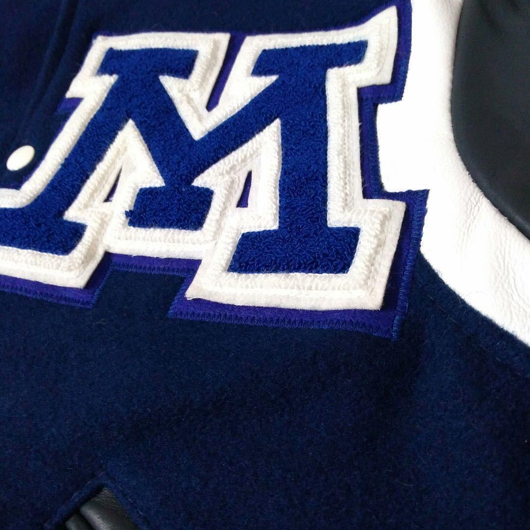 【USA製 90s〜00s 人気 スタジャン ワッペン 袖レザー ネイビー 紺ネイビー S 希少 アメカジ スタジアムジャケット】※送料無料※