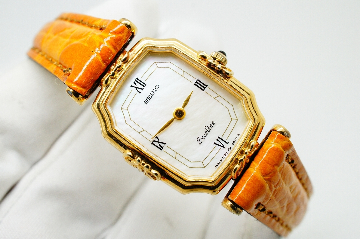 L48●作動良好 未使用ベルト SEIKO セイコー Exceline エクセリーヌ 1220-5380 シェル文字盤 レディース腕時計 ゴールド金 お洒落 クォーツ