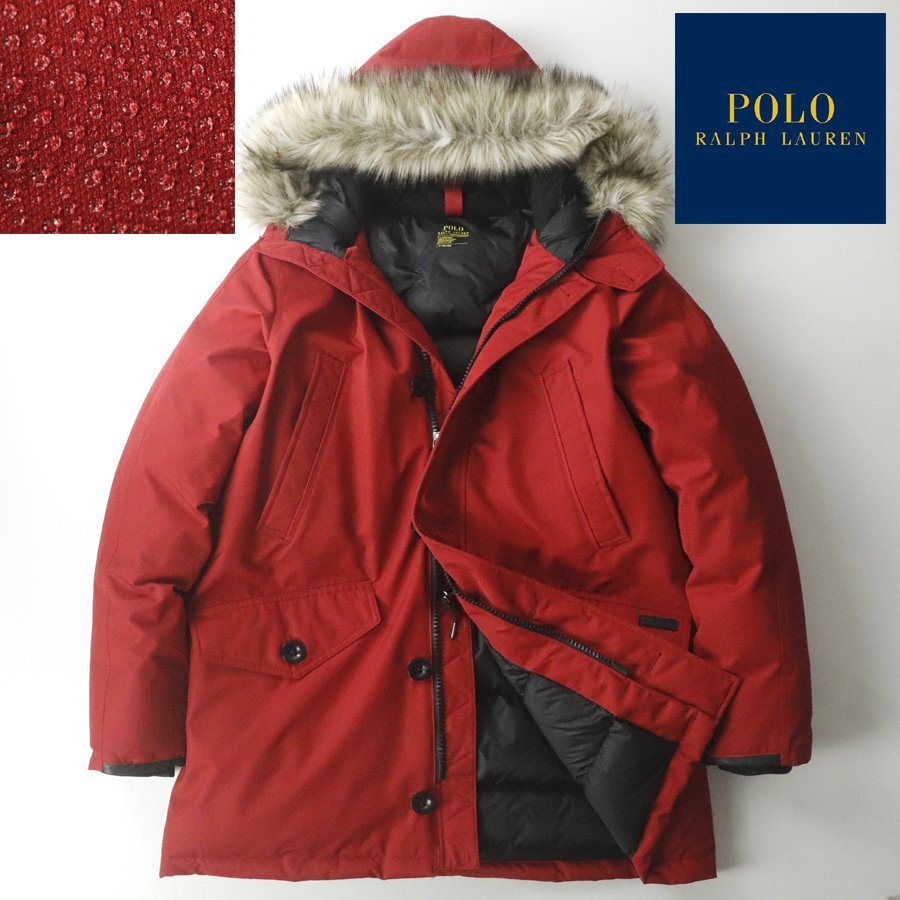極美品 POLO RALPH LAUREN ポロラルフローレン 撥水加工 フーデッド ダウンコート 赤 レッド L JP:XL パーカ メンズ【相場価格￥84，700-】