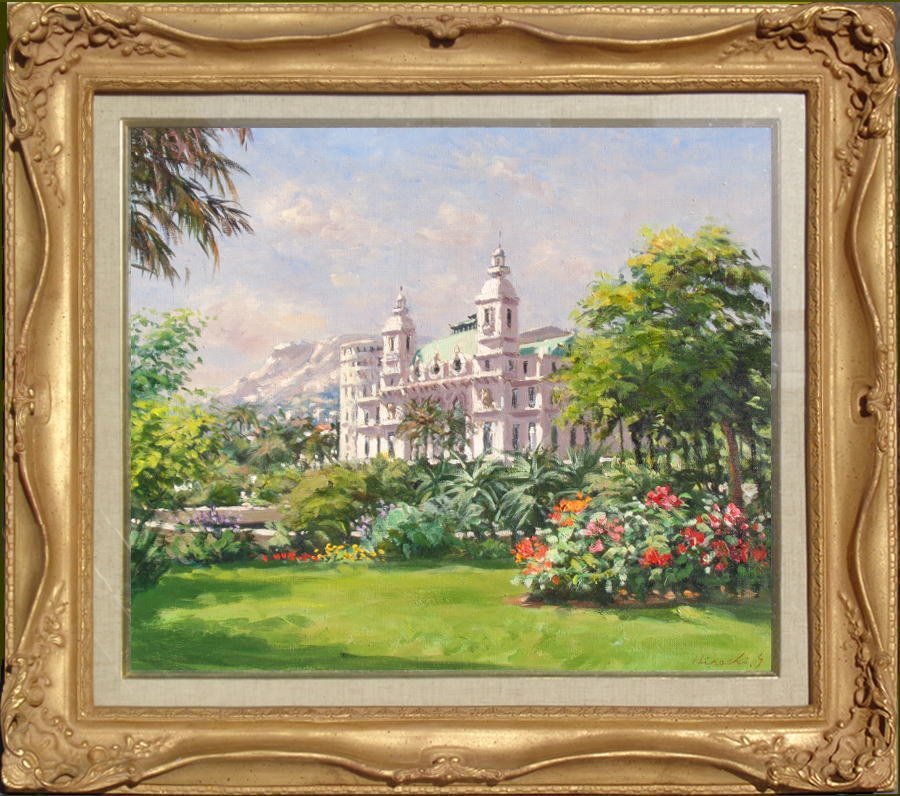 真作保証 10号 佐伯浩 グランカジノの庭(モナコ) 元/一水会員会賞 サロン・ド・パリ正会員パリ市民賞受賞 アメリカ美術大賞展招待出品