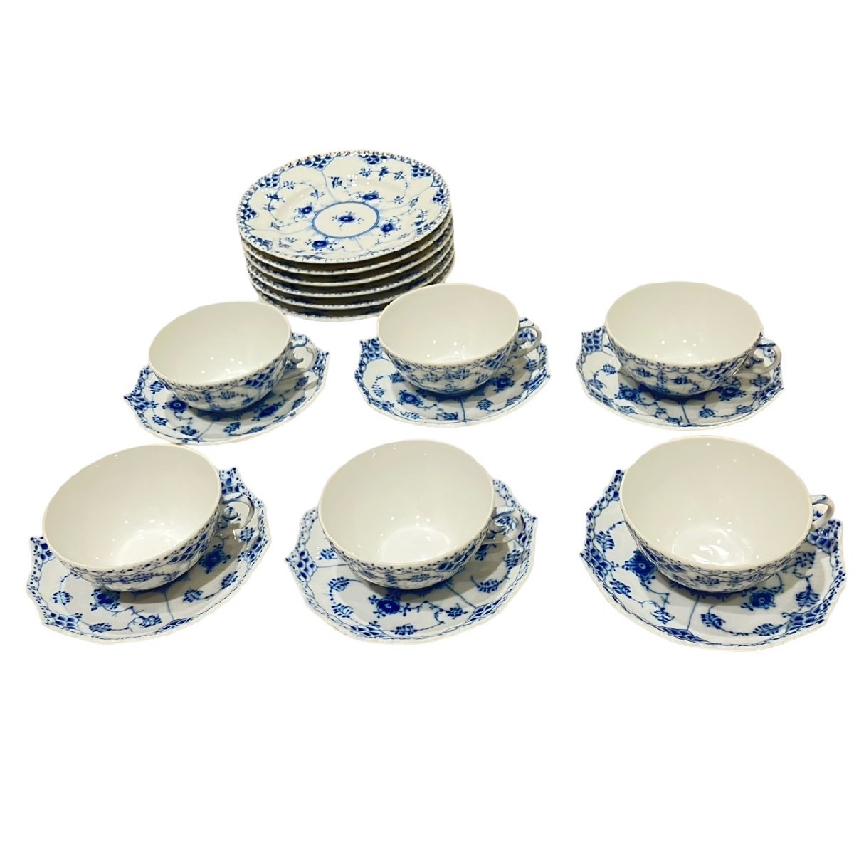 ★ Royal Copenhagen ロイヤルコペンハーゲン ブルーフルーテッド フルレース ケーキ皿 ６皿 カップ＆ソーサー 6客　合計12セット
