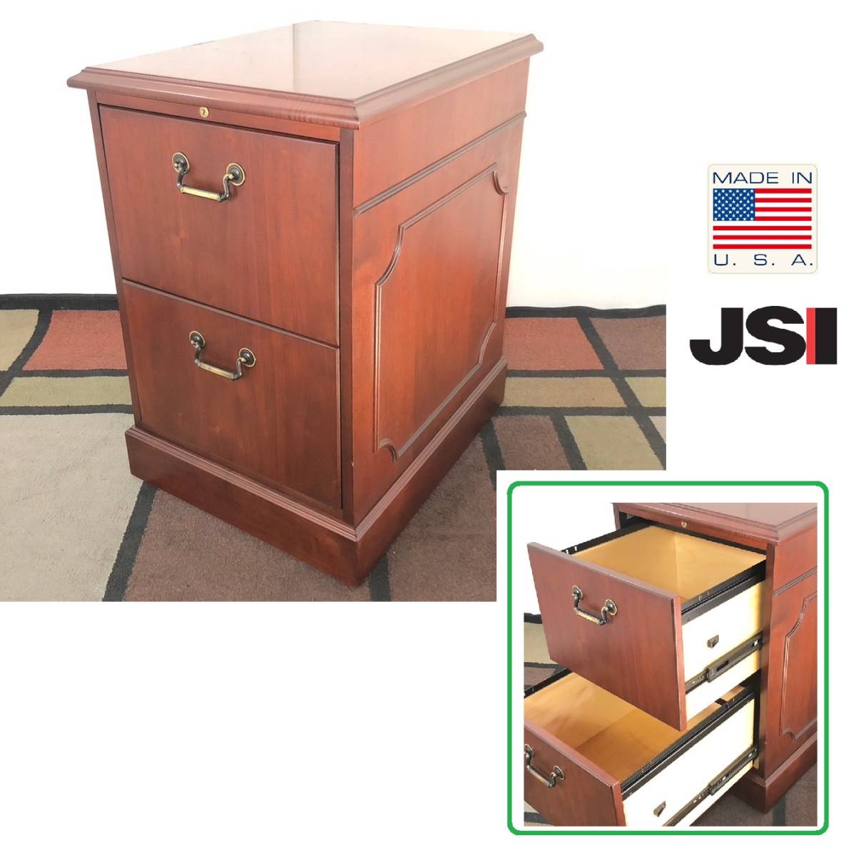 【米軍放出品】ファイルキャビネット 木製 鍵付き 引き出し 2段 脇机 収納 オフィス 保管庫 JSI 役員室(B)☆BL13AM-N#23