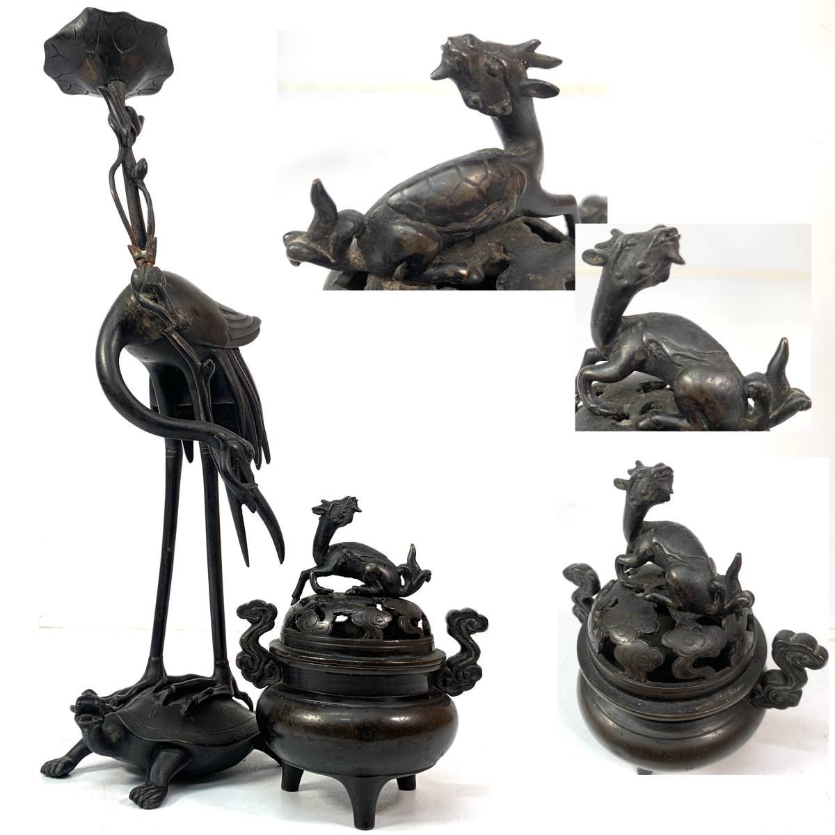 銅製 雲刻三脚香炉/蝋燭立て【総重量 約2.1kg】 高岡銅器 銅製 銅器 香炉 仏器 仏具 古美術 香道具 茶道具 骨董品 アンティーク