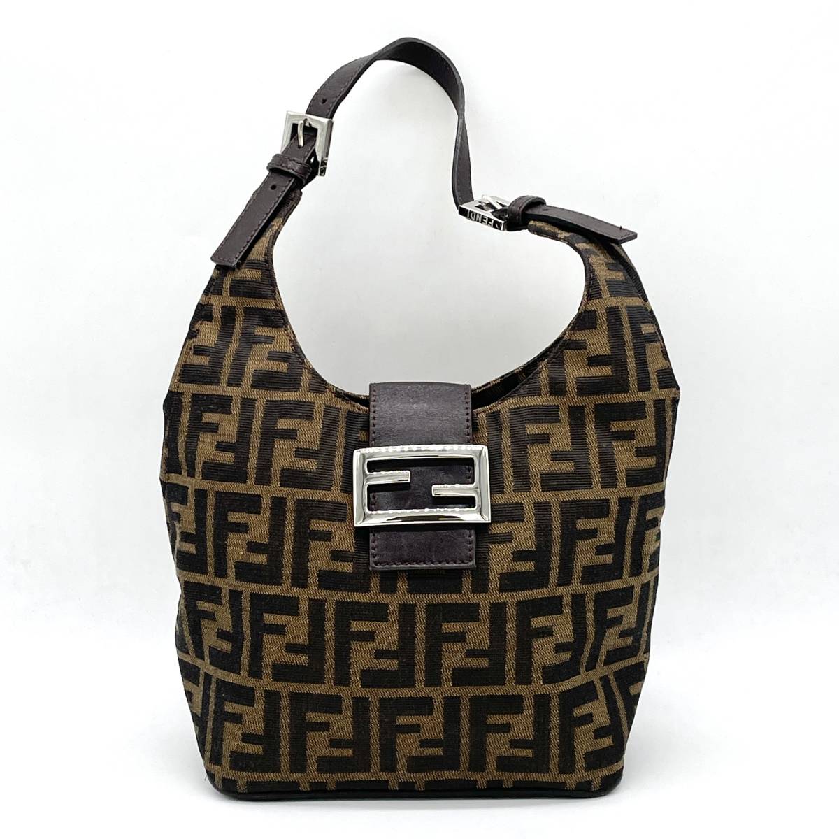 1円 良品 FENDI フェンディ ズッカ柄 ズッカ マンマバケット ワンショルダーバッグ 肩掛け カーキ FFロゴ SV金具 キャンバス レザー 