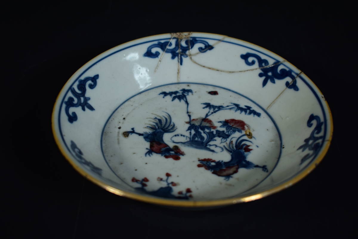 【和　(7817)　時代古作　唐物　元　釉裏紅鳥文皿　元染付　中国美術