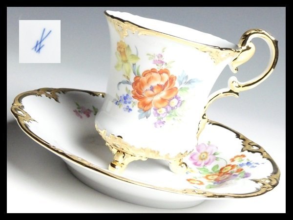 n991 Meissen マイセン 高級シリーズ グランツゴールド レリーフ フラワーブーケ 5つ花 脚付 ハイハンドル 大型 カップ＆ソーサー ⑥