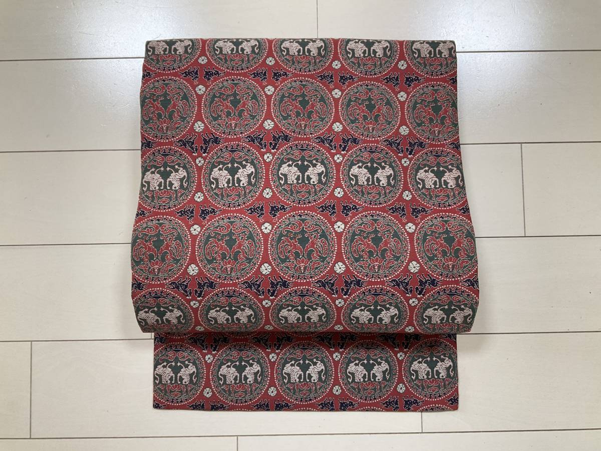 未使用品　和服帯　正絹　円文白虎朱雀錦　名古屋帯　龍村美術織物　早い者勝ち □C045□中古□正絹□龍村美術織物 円文白虎朱雀錦 全通柄 名古屋帯