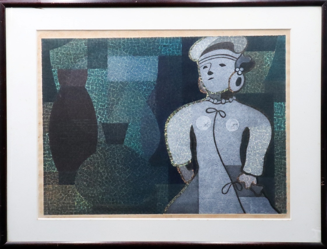 宙 馬渕聖 埴輪と土器 木版画 サイン有 額装 1983年製 日展会友 日本