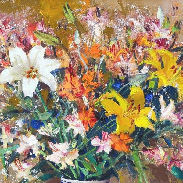 真作】【WISH】寺井重三「夢ゆり草」油彩 8号 一枚の絵取扱作品 ◇花々