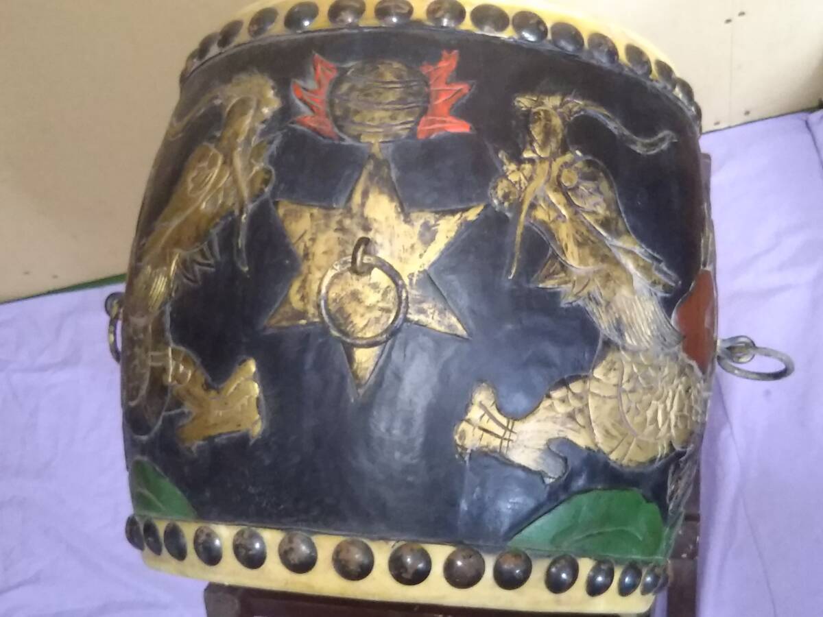 和太鼓　太鼓　アンティーク　14in 木彫り　龍彫り　長期保管品 ☆和楽器☆和太鼓/長胴太鼓/木彫り/双龍/打楽器/バチ/スタンド付き