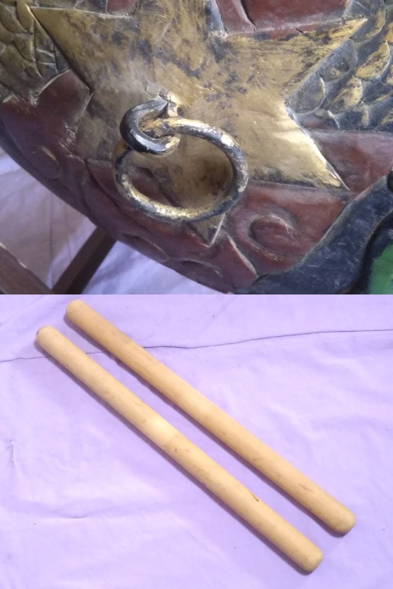 ☆和楽器☆和太鼓/長胴太鼓/木彫り/双龍/打楽器/バチ/スタンド付き