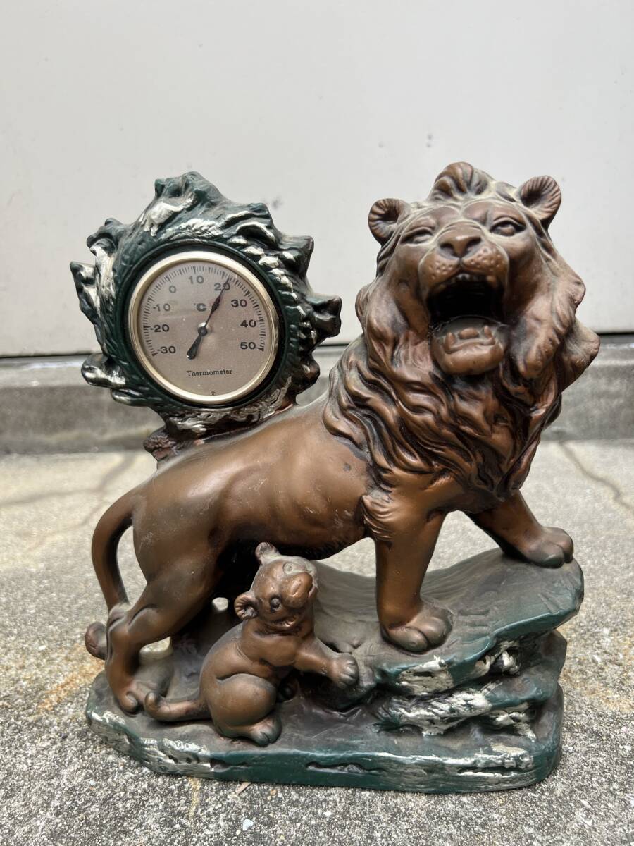 中古 親子ライオン 置物 温度計 インテリア オブジェ 獅子 ブロンズ像