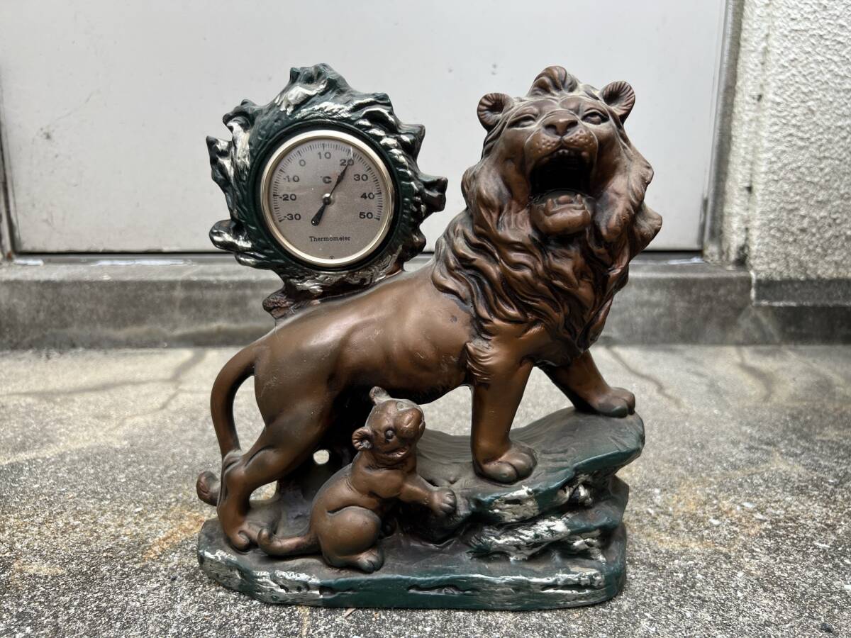 中古 親子ライオン 置物 温度計 インテリア オブジェ 獅子 ブロンズ像