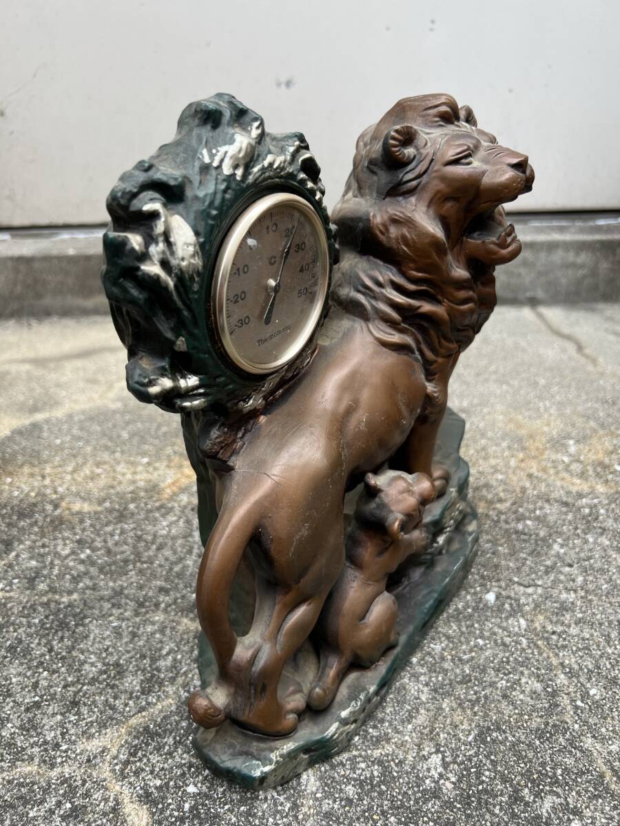 中古 親子ライオン 置物 温度計 インテリア オブジェ 獅子 ブロンズ像