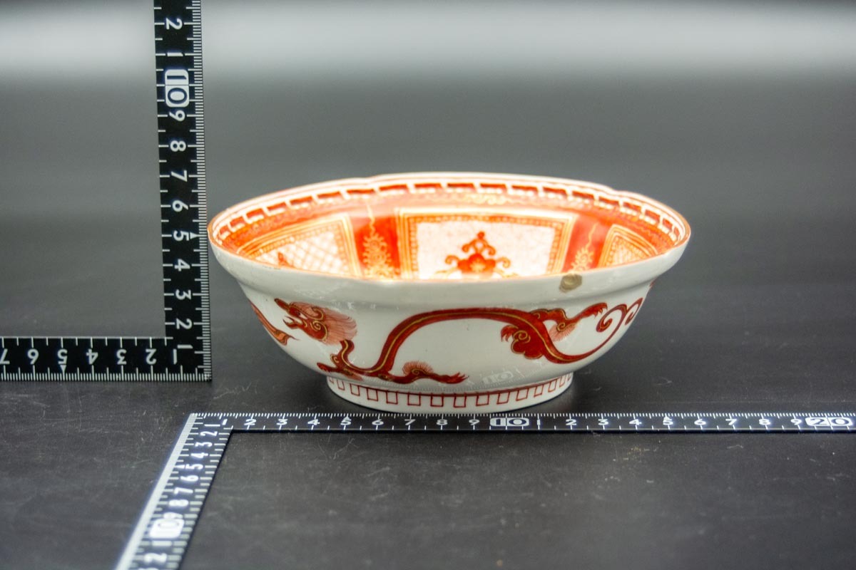 福】365 九谷庄三造 菓子小鉢 赤絵金彩 雲龍牡丹文 獅子 古九谷 細描