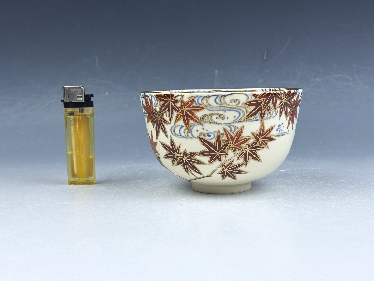 京焼 稲葉抱山 色絵金彩 紅葉流水図 御茶碗 抹茶碗 無傷 茶器 茶道具