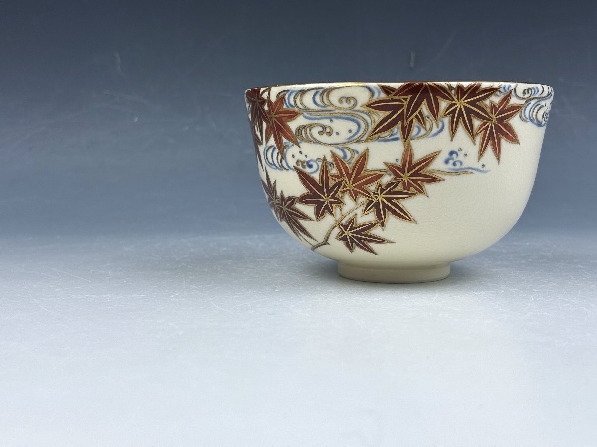 京焼 稲葉抱山 色絵金彩 紅葉流水図 御茶碗 抹茶碗 無傷 茶器 茶道具