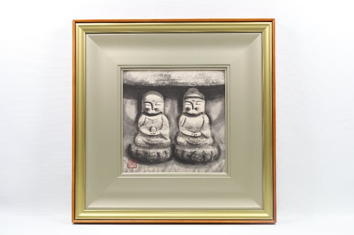 穐月明　「野の佛」　水墨画１０号　落款・共シール有り 真作】 穐月明 落款あり 共シール 「二躰佛」 人気水墨画家 地蔵 仏 墨