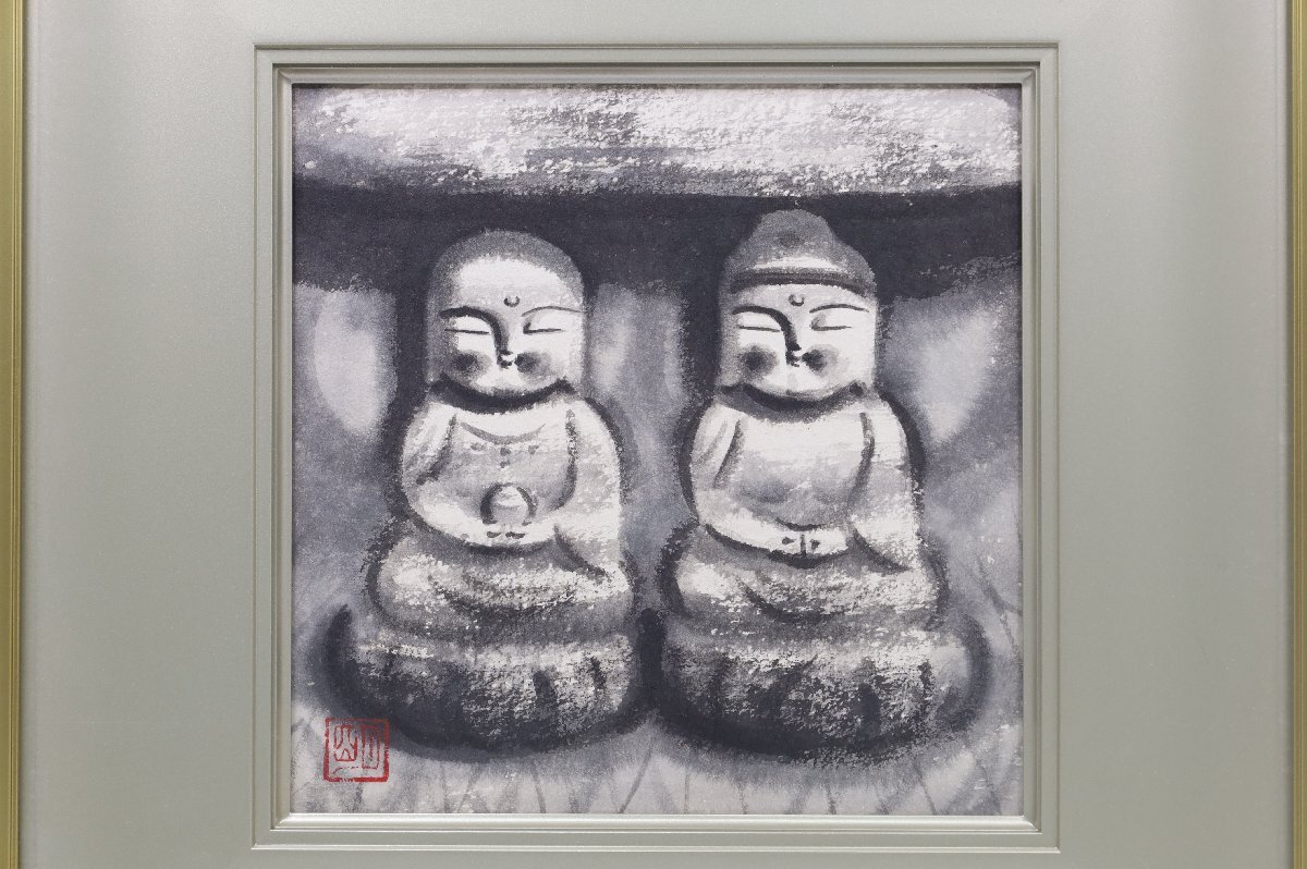 真作】 穐月明 落款あり 共シール 「二躰佛」 人気水墨画家 地蔵 仏 墨