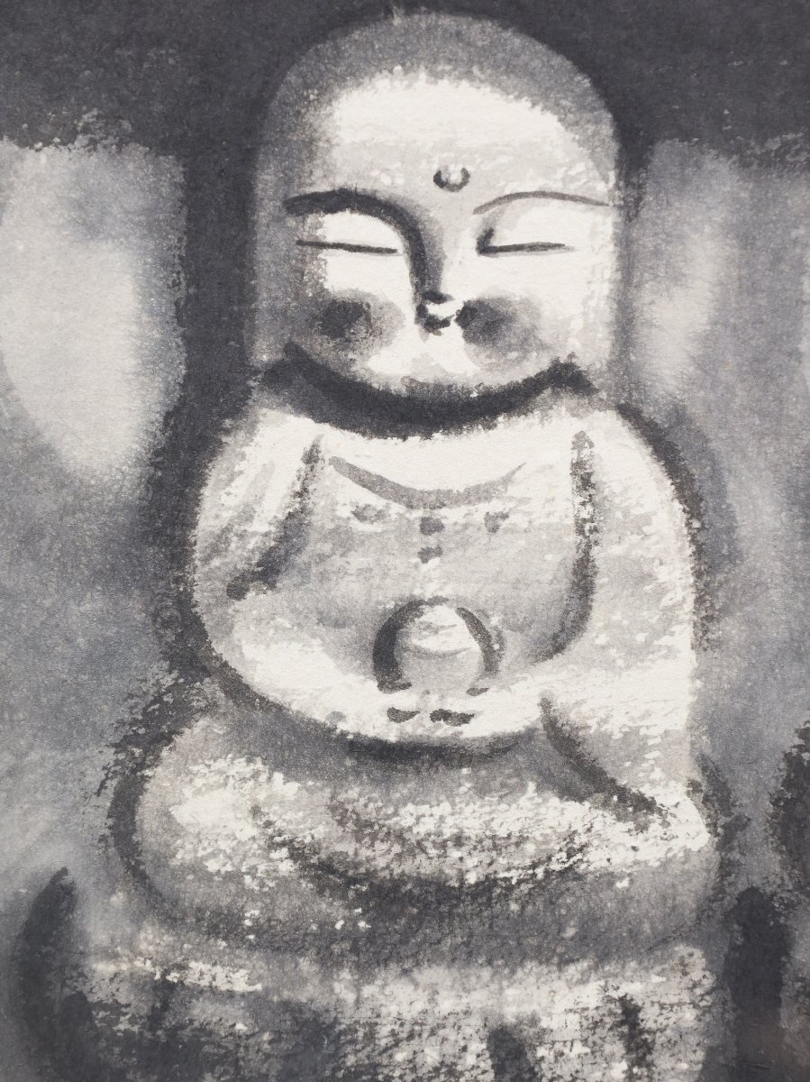 真作】 穐月明 落款あり 共シール 「二躰佛」 人気水墨画家 地蔵 仏 墨