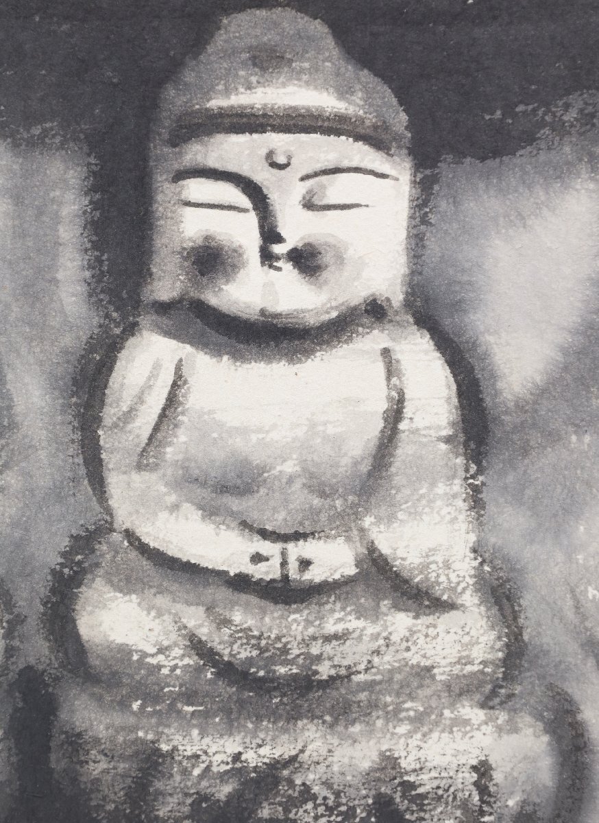真作】 穐月明 落款あり 共シール 「二躰佛」 人気水墨画家 地蔵 仏 墨