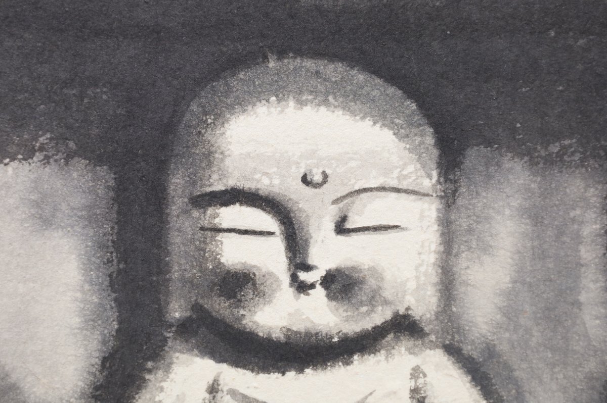 真作】 穐月明 落款あり 共シール 「二躰佛」 人気水墨画家 地蔵 仏 墨