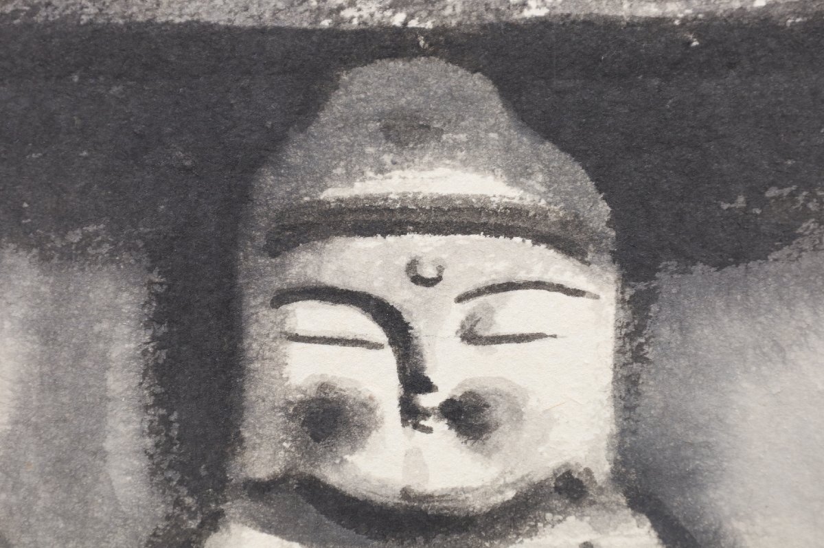 真作】 穐月明 落款あり 共シール 「二躰佛」 人気水墨画家 地蔵 仏 墨